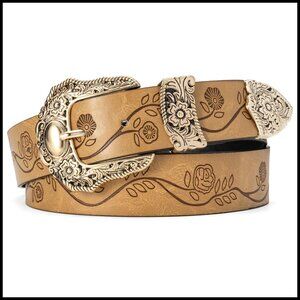 Vintage Western Belt Adjustable Floral Embossed PU Leather Cowgirl Style